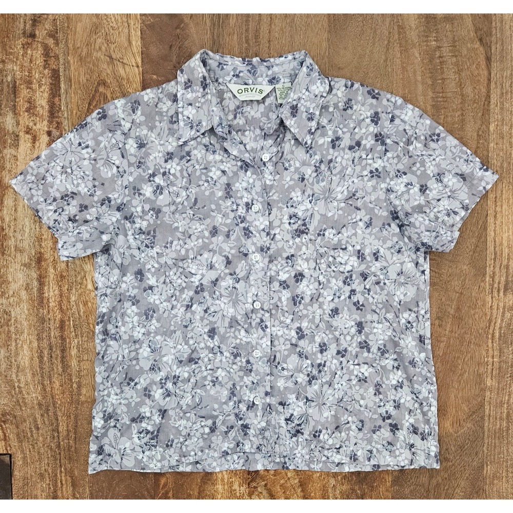 Orvis Blouse Womens White Gray Floral Print Size 6 Button Down Short Sleeve